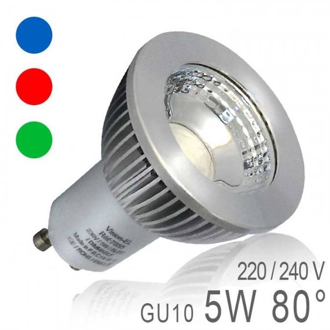 Ampoule GU10 LED COB 5 Watts Rouge,Vert ou Bleue