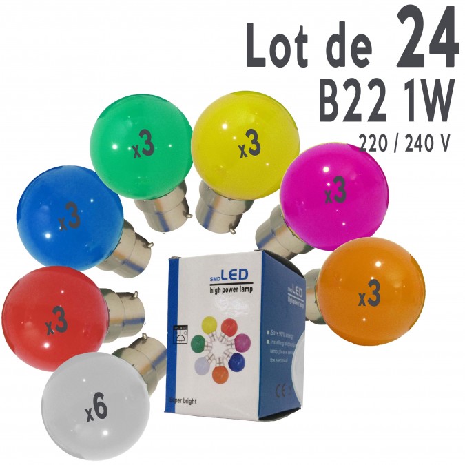 Lot de 24 ampoules LED B22 1W incassables (équivalent 15W) pour Guirlande