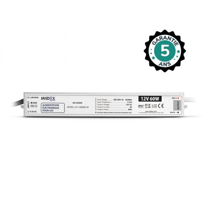 Alimentation pour LED 60W - 12V DC - IP67 - Garantie 5 ans