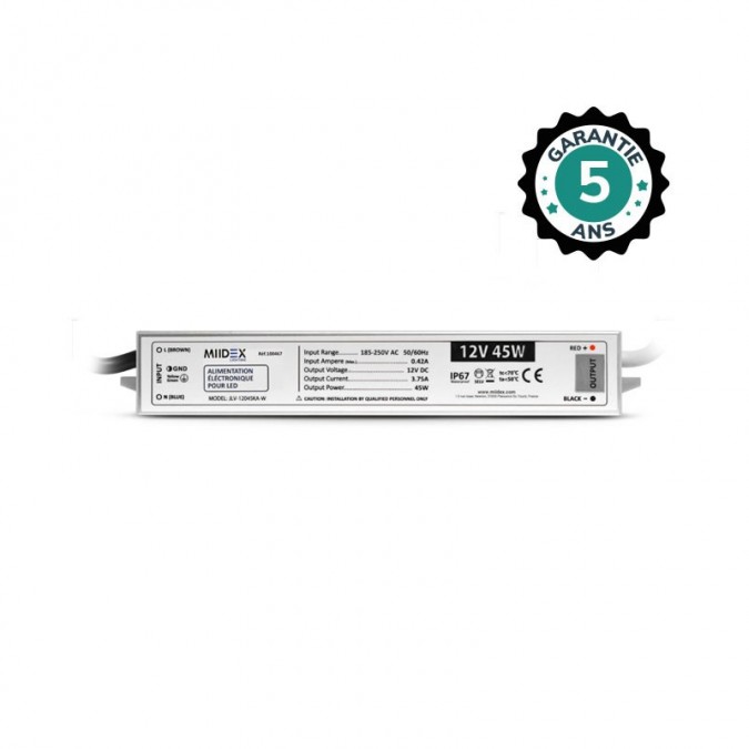 Alimentation pour LED 45W - 12V DC - IP67 - Garantie 5 ans