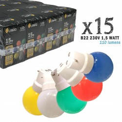 Lot de 15 ampoules LED B22 1W Rouge, Bleu, Verte, Jaune et Blanc Chaud Incassables (équivalence 15W) pour Guirlande Extérieure