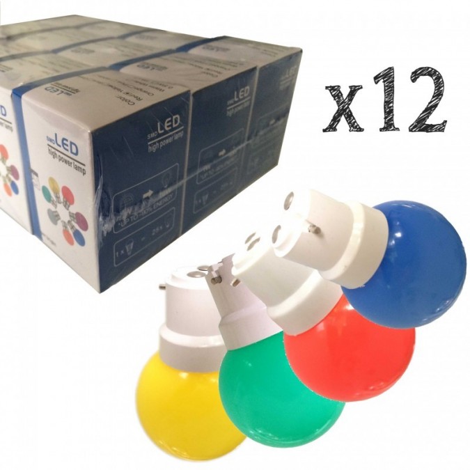 Lot de 12 ampoules LED B22 1W Rouges, Bleues, Vertes et Jaunes Incassables (équivalence 15W) pour Guirlande Extérieure