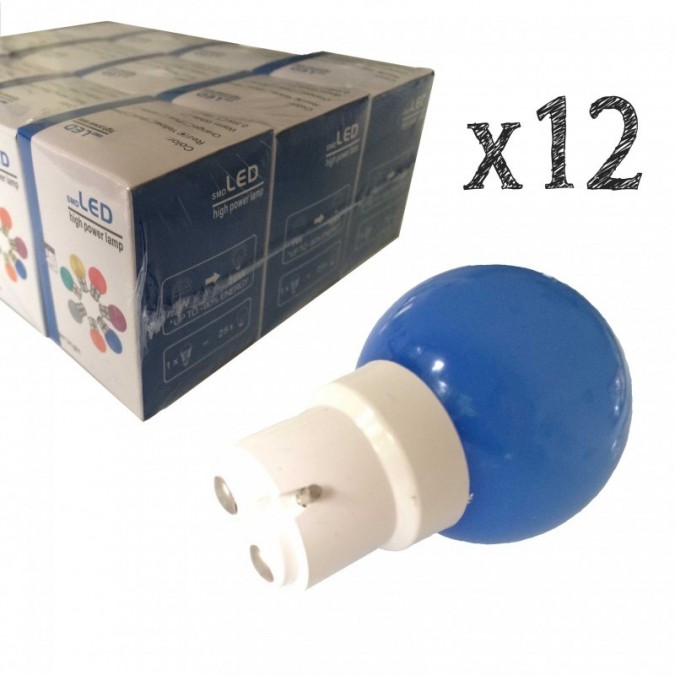 Lot de 12 ampoules LED B22 1.5W Bleues Incassables (équivalence 15W) pour Guirlande Extérieure