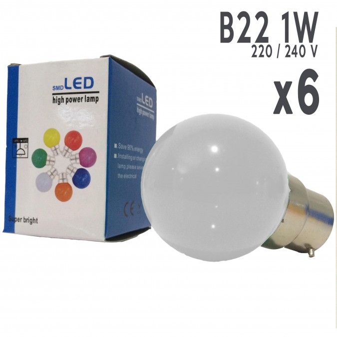 Lot de 6 ampoules LED B22 1W Blanc Froid Incassables (équivalence 15W) pour Guirlande Extérieure
