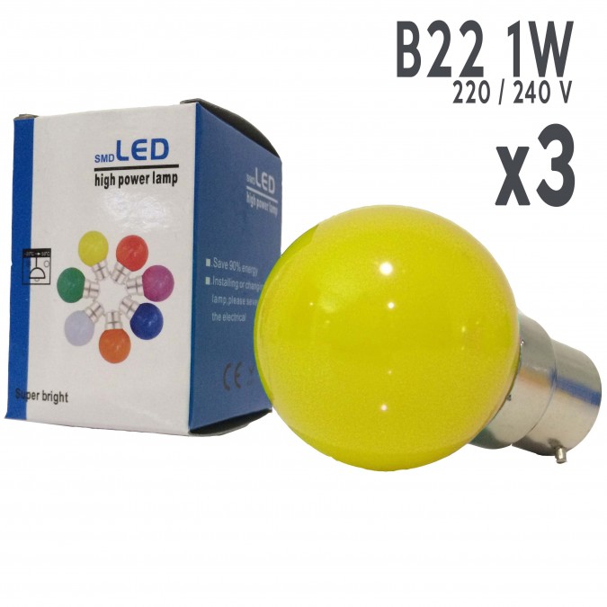 Lot de 3 ampoules LED B22 1W Jaunes Incassables (équivalence 15W) pour Guirlande Extérieure
