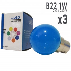 Lot de 3 ampoules LED B22 1W Bleues Incassables (équivalence 15W) pour Guirlande Extérieure