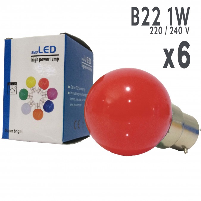 Lot de 6 ampoules LED B22 1W Rouges Incassables (équivalence 15W) pour Guirlande Extérieure