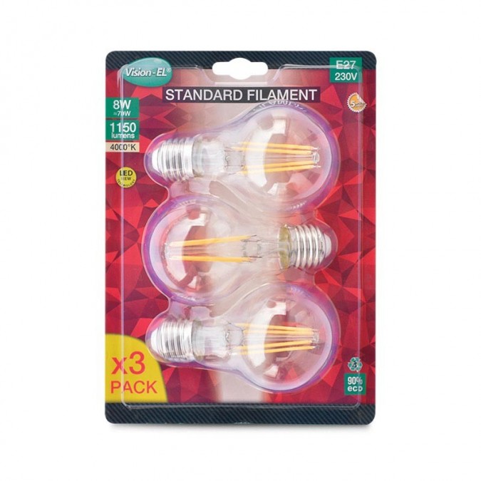 Lot de 3 Ampoules LED E27 8W COB Filament Bulb - Blister