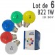 Lot de 6 ampoules LED B22 1W Rouge, Bleu, Verte, Jaune et Blanc Chaud Incassables (équivalence 15W) pour Guirlande Extérieure